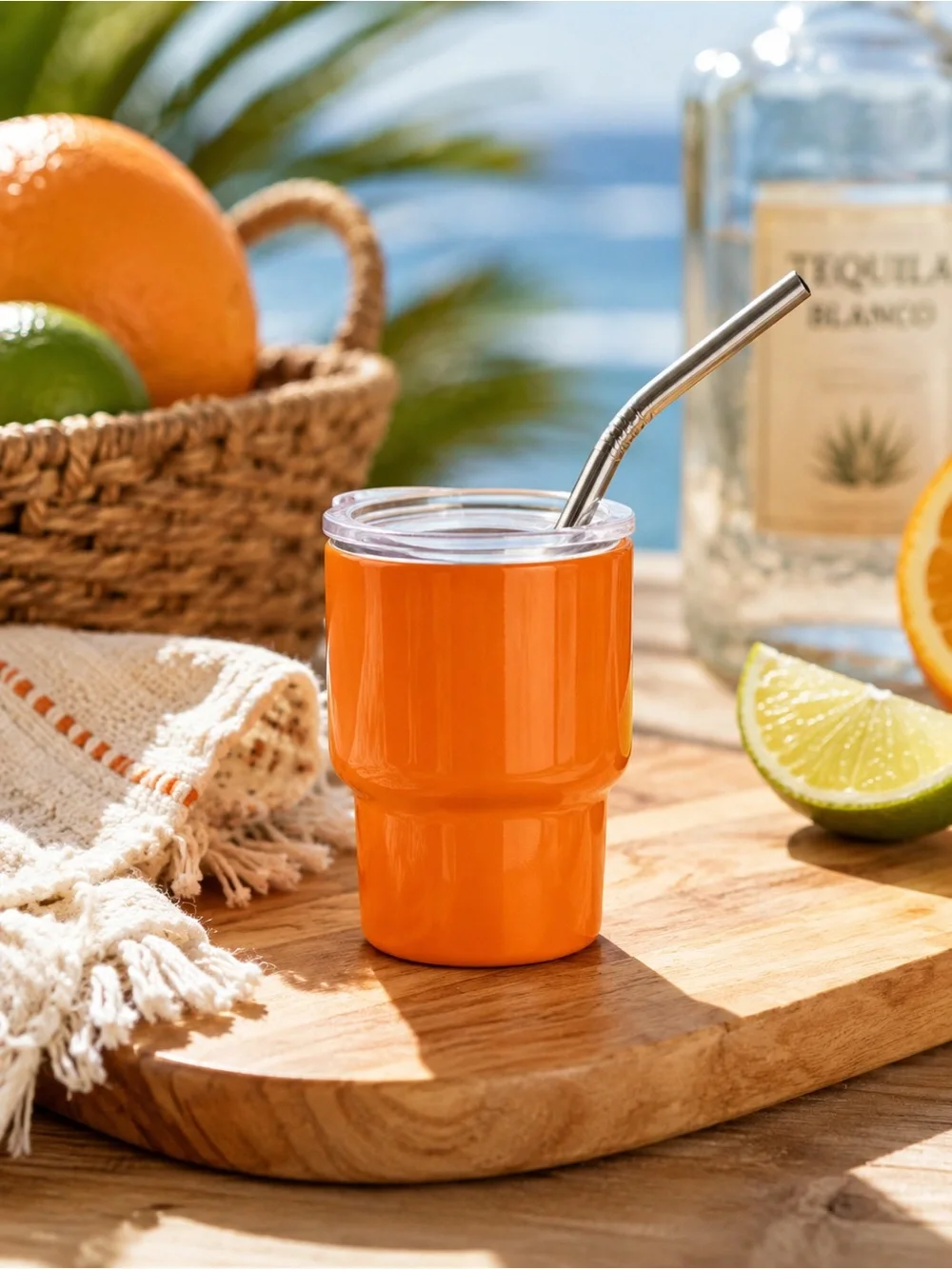 2 oz Stainless Steel Shot Glass Tumbler w/ Lid & Straw Orange